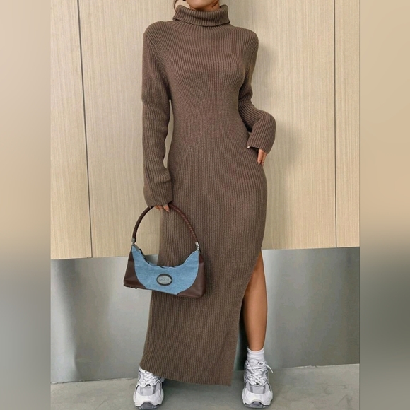 Cinnamon Ribbed-Knit Turtleneck Sweater Dress main image 0